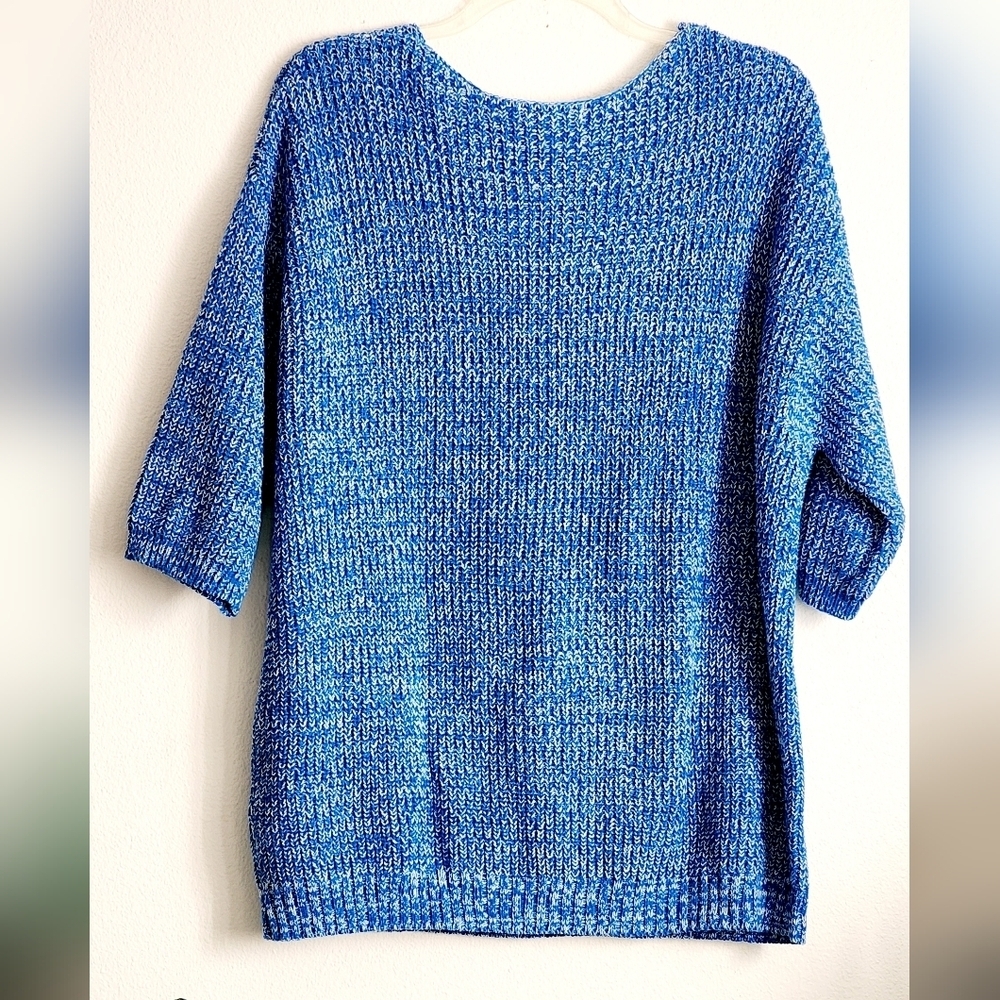 Woman Within Blue Pullover Sweater with Chunky Knit and Three-Quarter Sl…